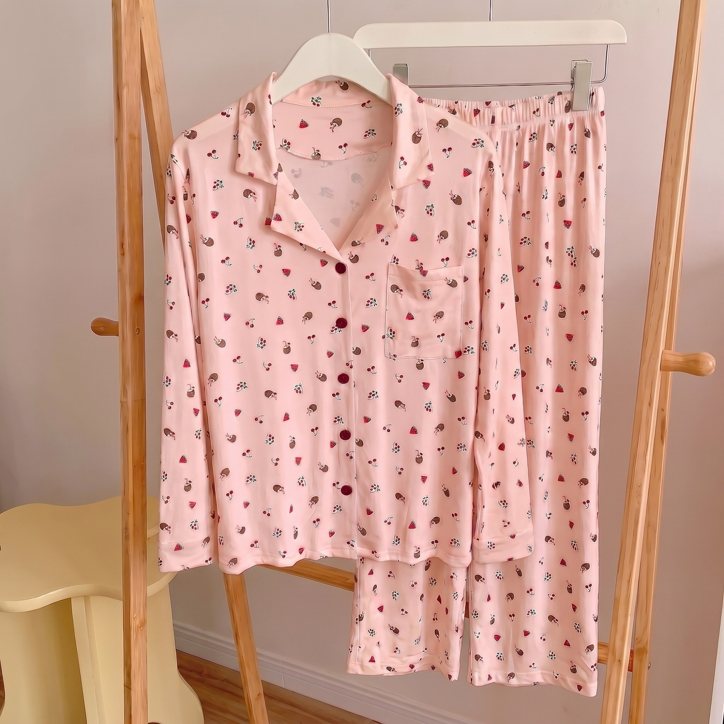 Cherry Pink Pajama Set with fruit print — long sleeve button-down shirt and pants by Girllyspacee