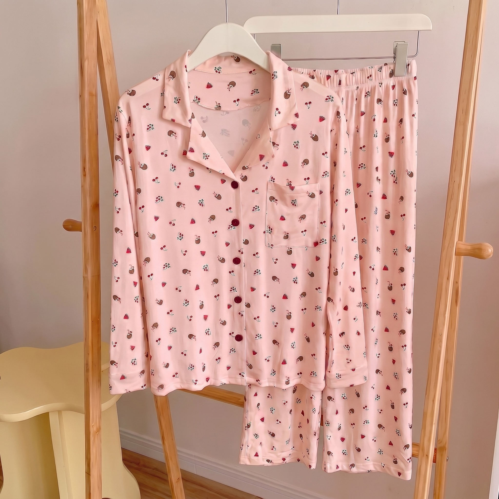 Cherry Pink Pajama Set with fruit print — long sleeve button-down shirt and pants by Girllyspacee