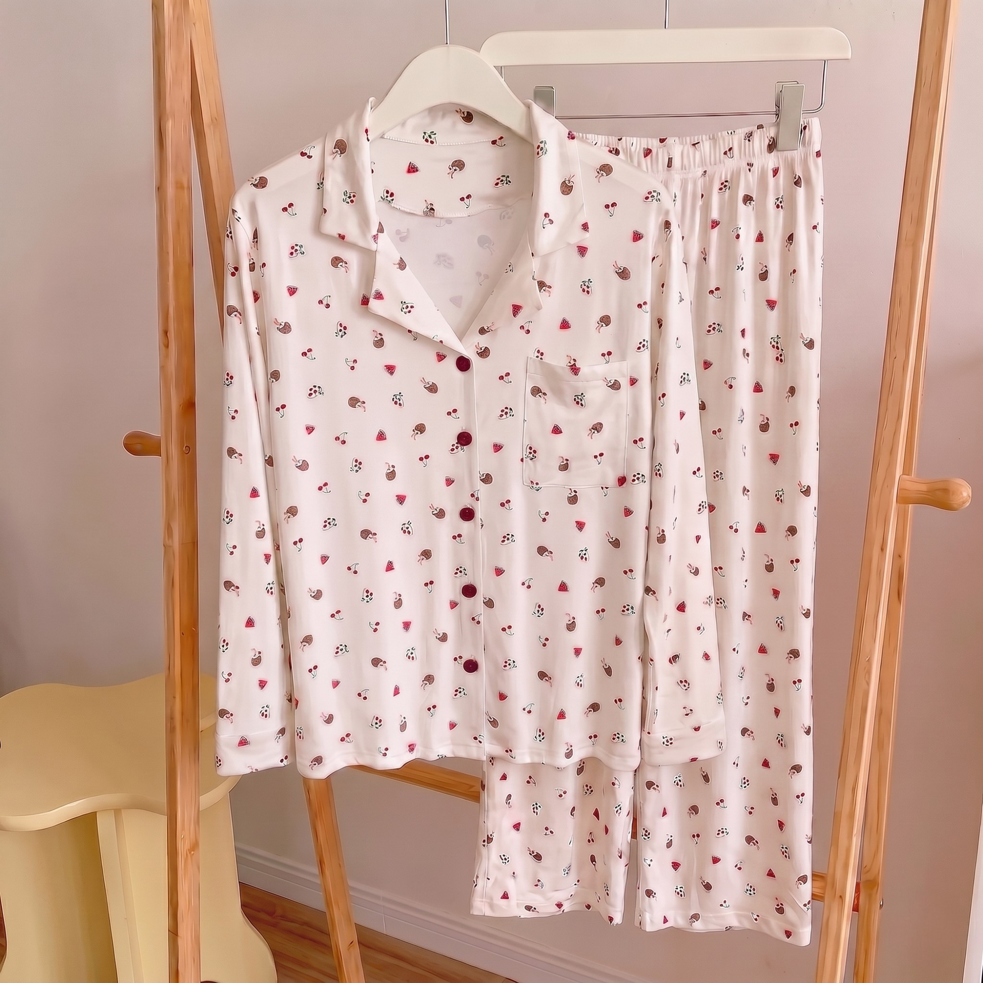 Cherry White Pajama Set with fruit print — long sleeve button-down shirt and pants by Girllyspacee