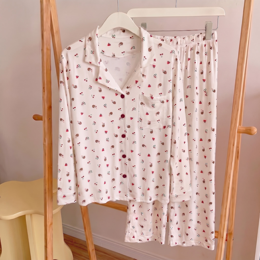 Cherry White Pajama Set with fruit print — long sleeve button-down shirt and pants by Girllyspacee